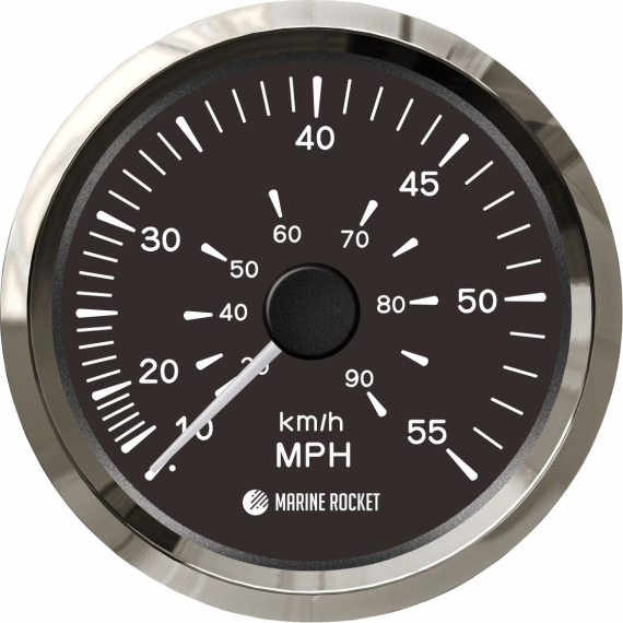 Спидометр манометрический 0-55 MPH, черный циферблат, нержавеющий ободок, д. 85 мм, Marine Rocket